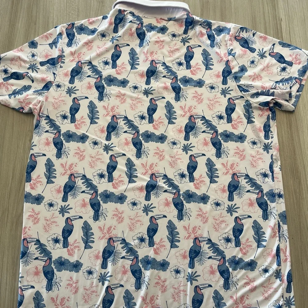Tipsy Elves Toucan Tango Performance Polo Shirt Men's 2XL Hawaiian Short Sleeve‎